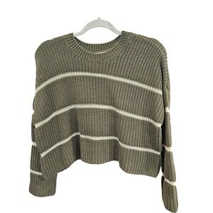 Moon & Madison Womens Olive Green Striped Crew Neck Cropped Knit Sweater XS